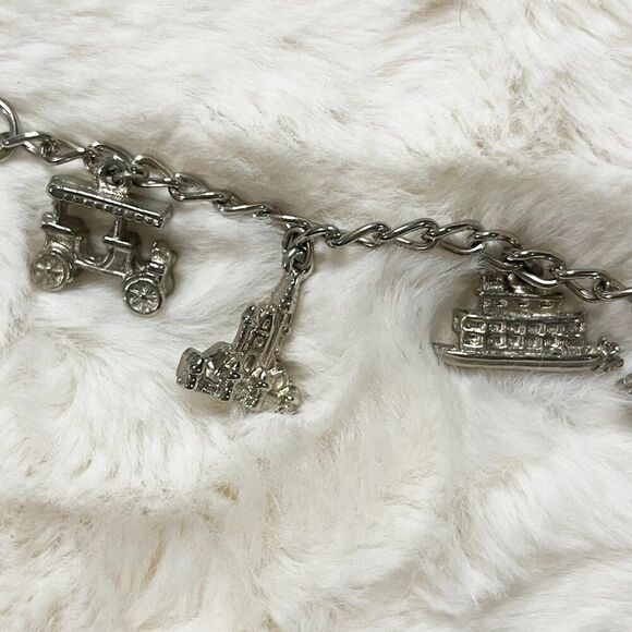 Vintage Disney Charm Bracelet Train Car Steamboat Castle Fort And Trolley - Picture 2 of 5
